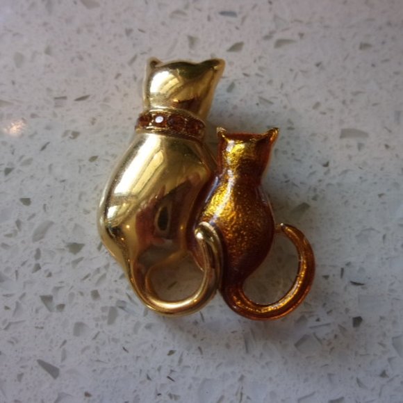 Cat Pin Brooch Gold Tone & Enamel & Rhinestone - Picture 3 of 3